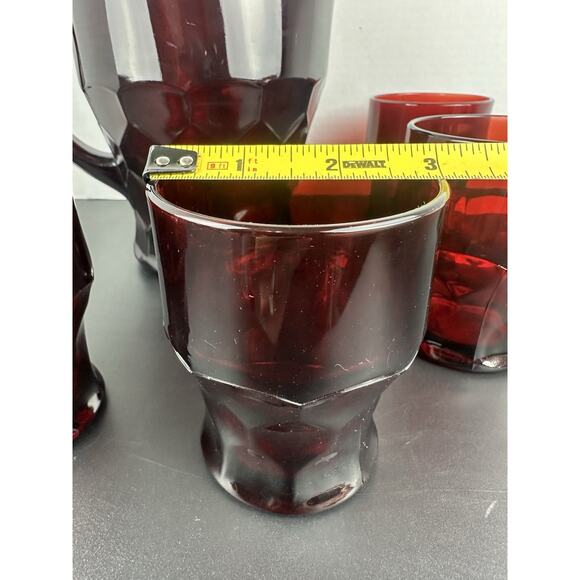 Vintage Ruby Red Georgian Honeycomb Viking 4" Glass Pitcher And 4 Tumblers - Picture 4 of 9
